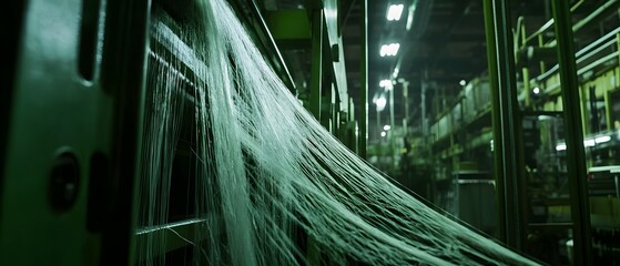 Poster - industrial tightly guiding a thick woven white textile strand through metal grooves with a contempor