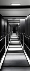 Poster - Interior view of a contemporary milk production facility featuring a clean well lit corridor with handrails and a monochrome color scheme