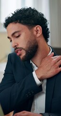 Aufkleber - Business man, shoulder pain and laptop in office with stress, injury or muscle cramp with bad posture at finance agency. Person, frustrated and burnout with fatigue, exhausted or tired by pc at job