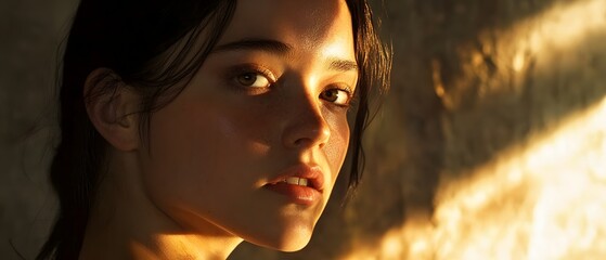 Poster - A pensive bare shouldered woman turns her head as soft dramatic light bathes her face in a contemporary cinematic style