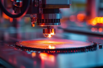 Poster - Close-up of a machine engraving circular patterns on a metal surface. It's perfect for illustrating high-tech and precision manufacturing processes.