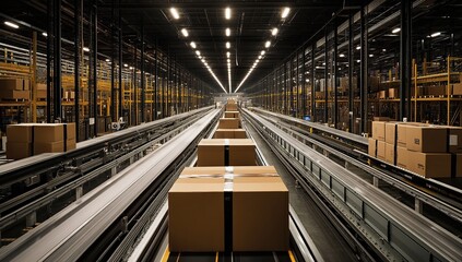 Poster - Interior of a Modern Warehouse with Conveyor Belts and Cardboard Boxes