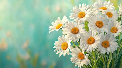 Poster - Fresh White Daisy Flowers in Bright Green and Blue Blurred Background