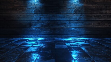 Poster - Dark wooden wall with blue neon glow, casting smooth light reflections on a metallic-textured floor. Modern, futuristic tech background.