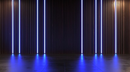 Poster - Dark wooden wall with blue neon glow, casting smooth light reflections on a metallic-textured floor. Modern, futuristic tech background.