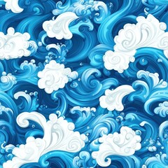 Aufkleber - Seamless Pattern of Stylized Ocean Waves Blue Water Texture with White Foam Ideal for textile prints backgrounds and web design