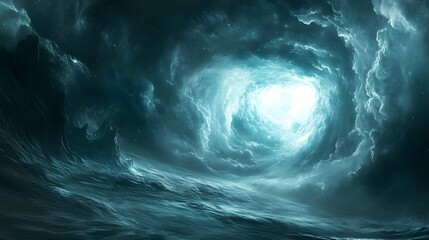 Poster - Enigmatic dark blue ocean with radiant light emanating from the center creating a mystical underwater scene