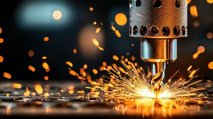 Fototapete - Close up of industrial CNC milling machine cutting metal with sparks High precision manufacturing process
