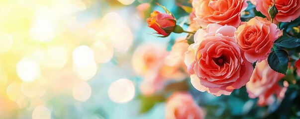Poster - Beautiful Pink Roses Blooming in Soft Natural Light with Gentle Bokeh Effect