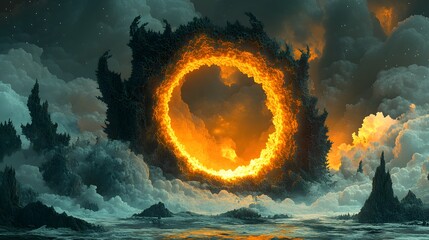 Poster - Dramatic giant fireball illuminating the sky in a fractal universe with portal to other celestial wonders