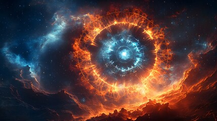Poster - Strikingly large bright orange eye capturing the essence of a nebula in a fractal interpretation of time
