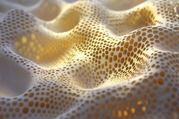 Poster - Abstract textured surface with wavy patterns.  Honeycomb like holes create a dynamic, organic form.  Soft golden highlights accentuate the relief