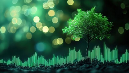 Poster - Glowing Green Tree with Digital Growth Bars at Night