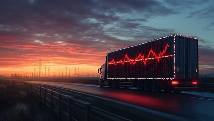 Aufkleber - Semi Truck with Red Data Display Driving on Highway at Sunset