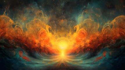 Poster - A bright orange and blue nebula displaying a stunning array of colors in a cosmic landscape of infinite depth