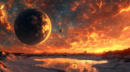 Poster - enigmatic planet hovering in the vastness of space surrounded by stars and cosmic elements in a drea