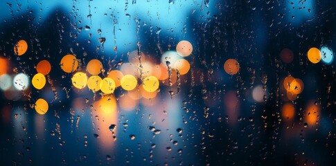 Wall Mural - abstract blurred background with bokeh lights and rain on window glass in a night city, a banner for