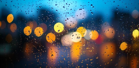 Wall Mural - abstract blurred background with bokeh lights and rain on window glass in a night city, a banner for