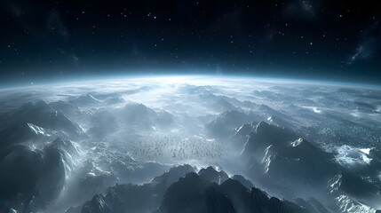 Poster - breathtaking view of a planet with majestic mountains and a brilliant star shining in the distant co