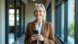 © GG Kenji - Empowered Middle-Aged Businesswoman: Smiling Entrepreneur Using Smartphone in Office Hallway - A Cute Vector Illustration of Professionalism and Success