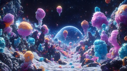 Poster - Colorful abstract landscape depicting a vibrant space-filled environment with dreamlike elements and imagery