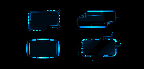 Leinwandbilder - Cyberpunk hud frames and panels with futuristic neon blue glow. Geometric shapes form hi tech screens, displaying lines and squares. Rectangular elements for sci fi game interfaces and dashboards.