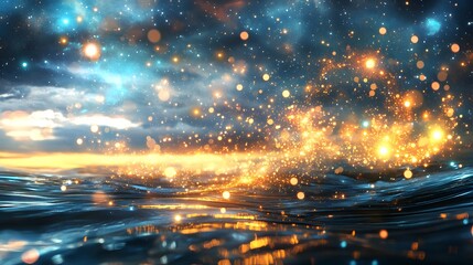 Poster - Stunning ocean scene under a galactic sky with dancing light forms creating a dreamy atmosphere