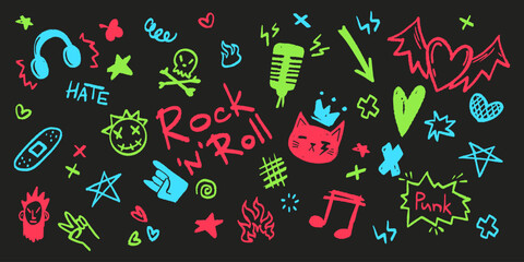 Poster - neon punk rock doodle icons in vibrant colors. various hand drawn music symbols and graffiti element