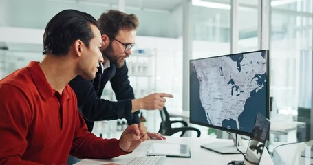 Fototapete - Men, map and computer screen with discussion for weather, environment and point for risk of wild fire. People, meteorology and planning with review of location for pattern at climate research agency