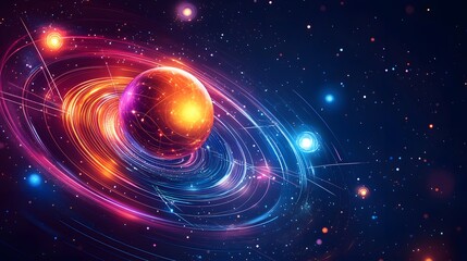 Poster - Breathtaking spiral galaxy with bright blue and red spirals emitting a futuristic cosmic energy pulse and glowing lines