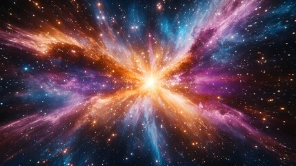 Poster - Hyper-realistic nebula with a brilliant star at its center surrounded by surreal abstract cosmic forces bursting forth