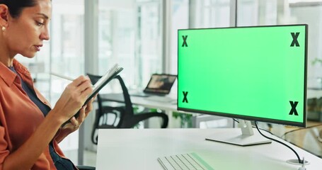 Aufkleber - Green screen, computer and business woman on tablet for web design, research and ui software. Creative agency, tracking markers and person on tech for app development, ux and website on mockup space