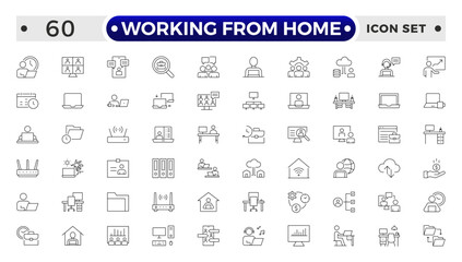 Working from home outline icon set. Containing remote work, work online, freelancing, home office, digital nomad, portfolio and more.