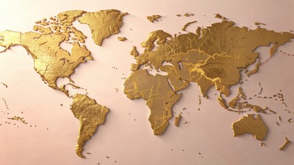 Poster - Golden World Map: A stunning, high-angle view showcases a golden world map, emphasizing geographical detail and a luxurious aesthetic, with a soft, gradient backdrop enhancing its visual appeal.