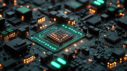 Poster - Complex circuit board with chips, lights and intricate wiring details. Showcases technology, computing power, and the future of innovation.