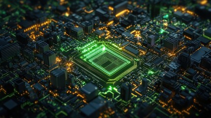 Fototapete - Detailed circuit board with glowing green processor in the center. It represents technology, artificial intelligence, and modern data processing.