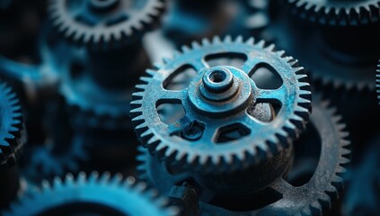 Poster - Close-Up of Interlocking Blue Metal Gears