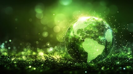 Poster - Green digital Earth, glowing with lights and network connections. Ideal for illustrating ecological technology and global sustainability.