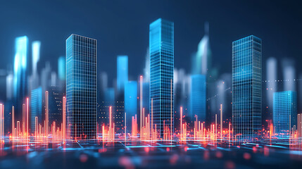 Fototapete - Dynamic urban skyline visualization city center digital art nighttime futuristic technology concept