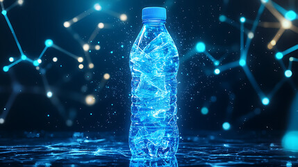 Poster - Dynamic water bottle splashing in abstract blue light studio photography modern digital art vibrant atmosphere