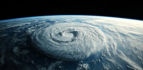 Wall Mural - a massive hurricane on the surface of earth, seen from space with dark storm clouds and swirling win