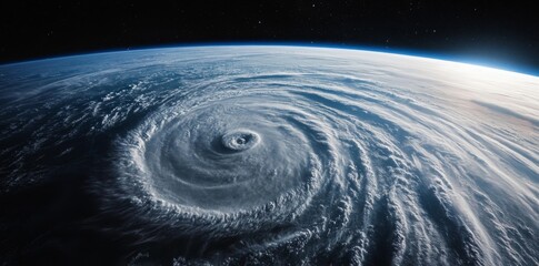 Wall Mural - a massive hurricane on the surface of earth, seen from space with dark storm clouds and swirling win