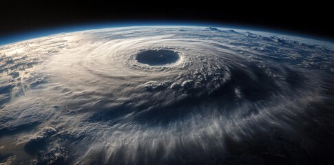Wall Mural - a massive hurricane on the surface of earth, seen from space with dark storm clouds and swirling win