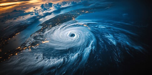 Wall Mural - a massive hurricane on the surface of earth, seen from space with dark storm clouds and swirling win