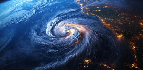 Wall Mural - a massive hurricane on the surface of earth, seen from space with dark storm clouds and swirling win