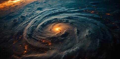 Wall Mural - a massive hurricane on the surface of earth, seen from space with dark storm clouds and swirling win