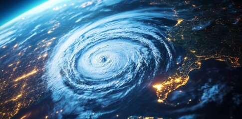 Wall Mural - a massive hurricane on the surface of earth, seen from space with dark storm clouds and swirling win