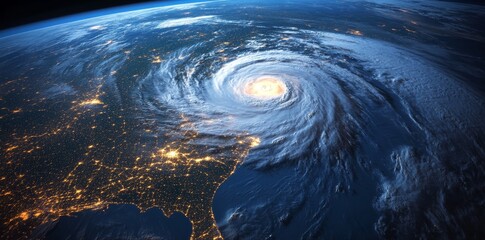 Wall Mural - a massive hurricane on the surface of earth, seen from space with dark storm clouds and swirling win