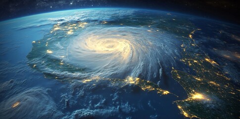 Wall Mural - a massive hurricane on the surface of earth, seen from space with dark storm clouds and swirling win
