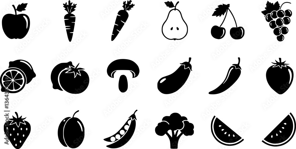 Vector black fruit and vegetables icon set Stock Vector | Adobe Stock